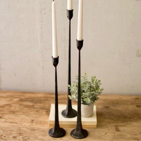 Antique Farmhouse Antiqued Forged Metal Taper Candlesticks Set/3 New - Picture 2 of 2
